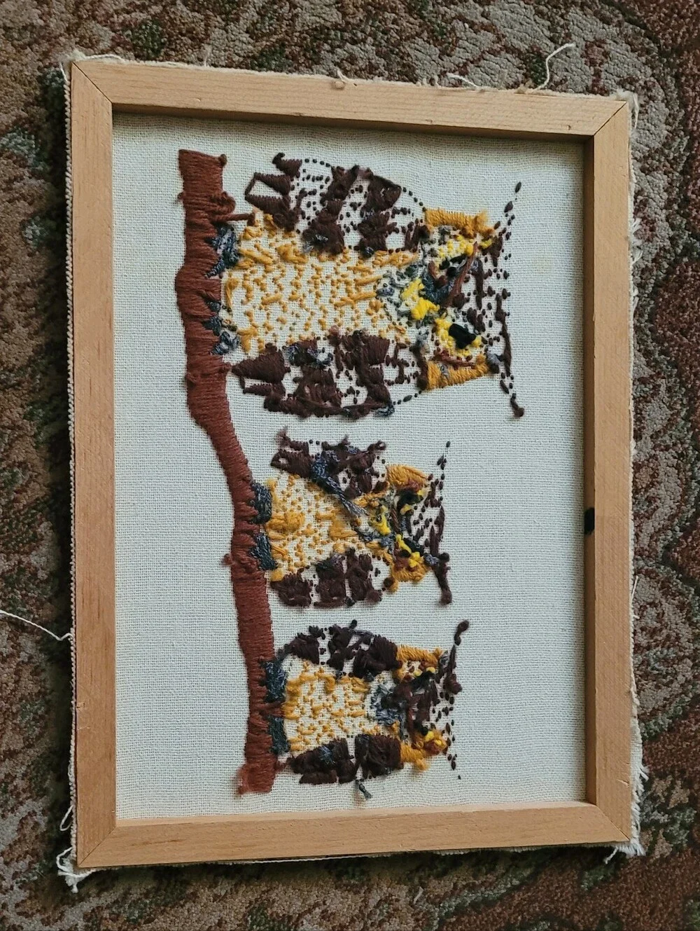 Handmade Brown and Yellow Owl Embroidery Wall Art